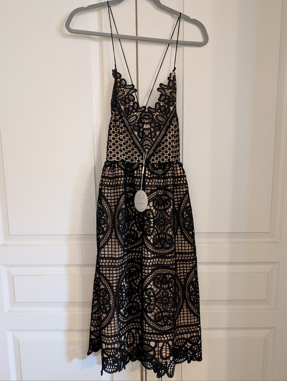 Black And Nude Eyelet Lace Dress Tie Back Midi Dress